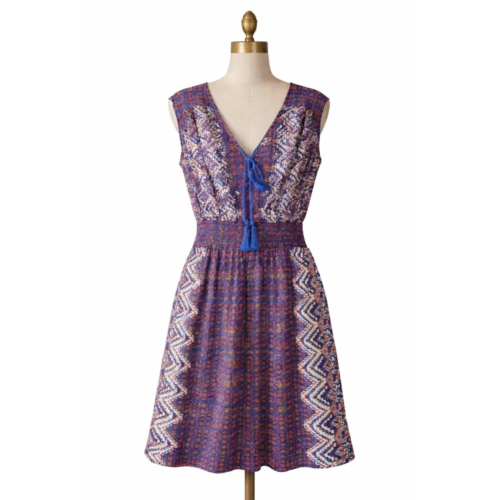 As U Wish Boho Dress Womens Medium Blue Orange Print Tassel Tie Smocked Waist...
